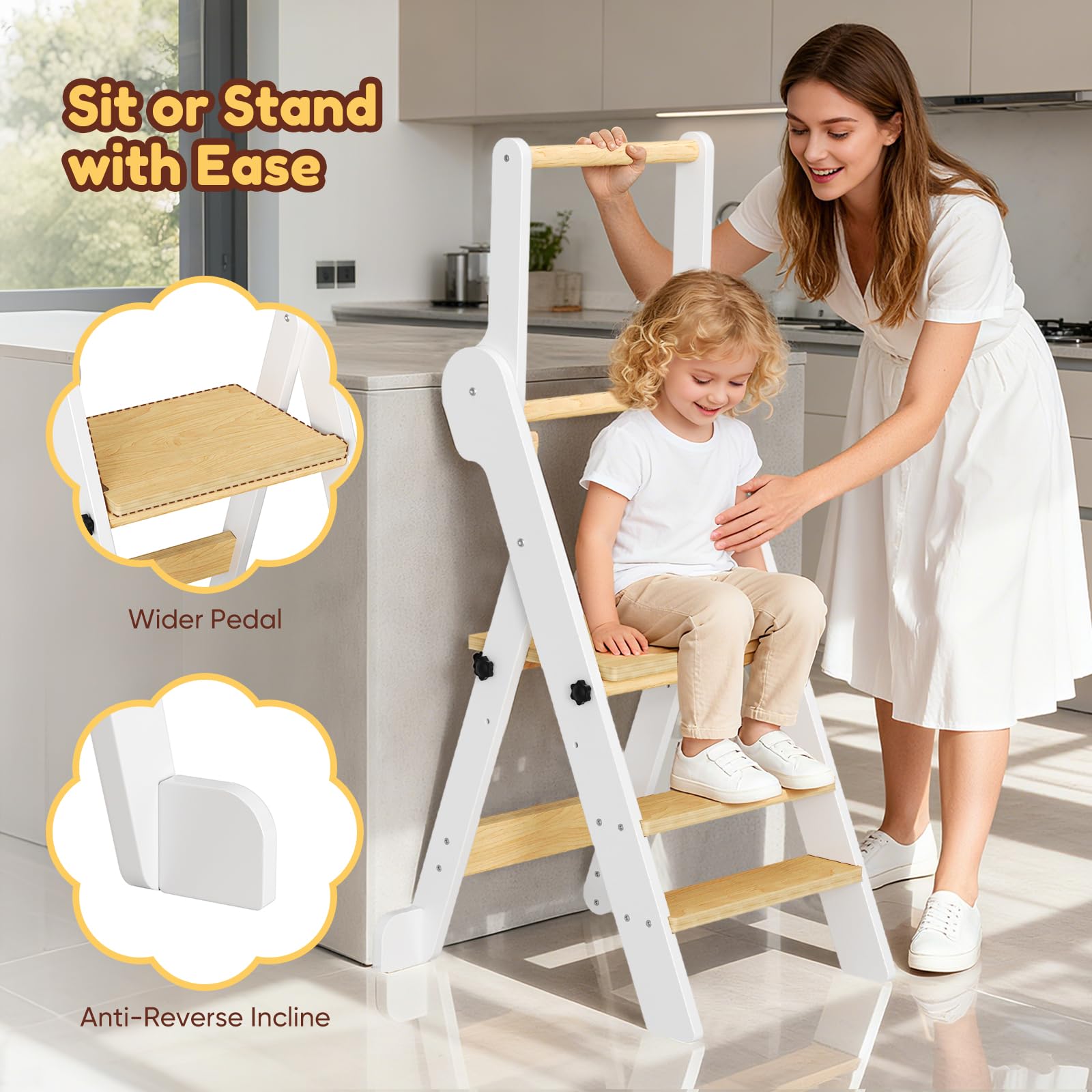 Tour d'apprentissage Montessori Réglable en Hauteur Pliable Anti-Bascule pour Enfants 18 Mois à 6 Ans Bois Naturel