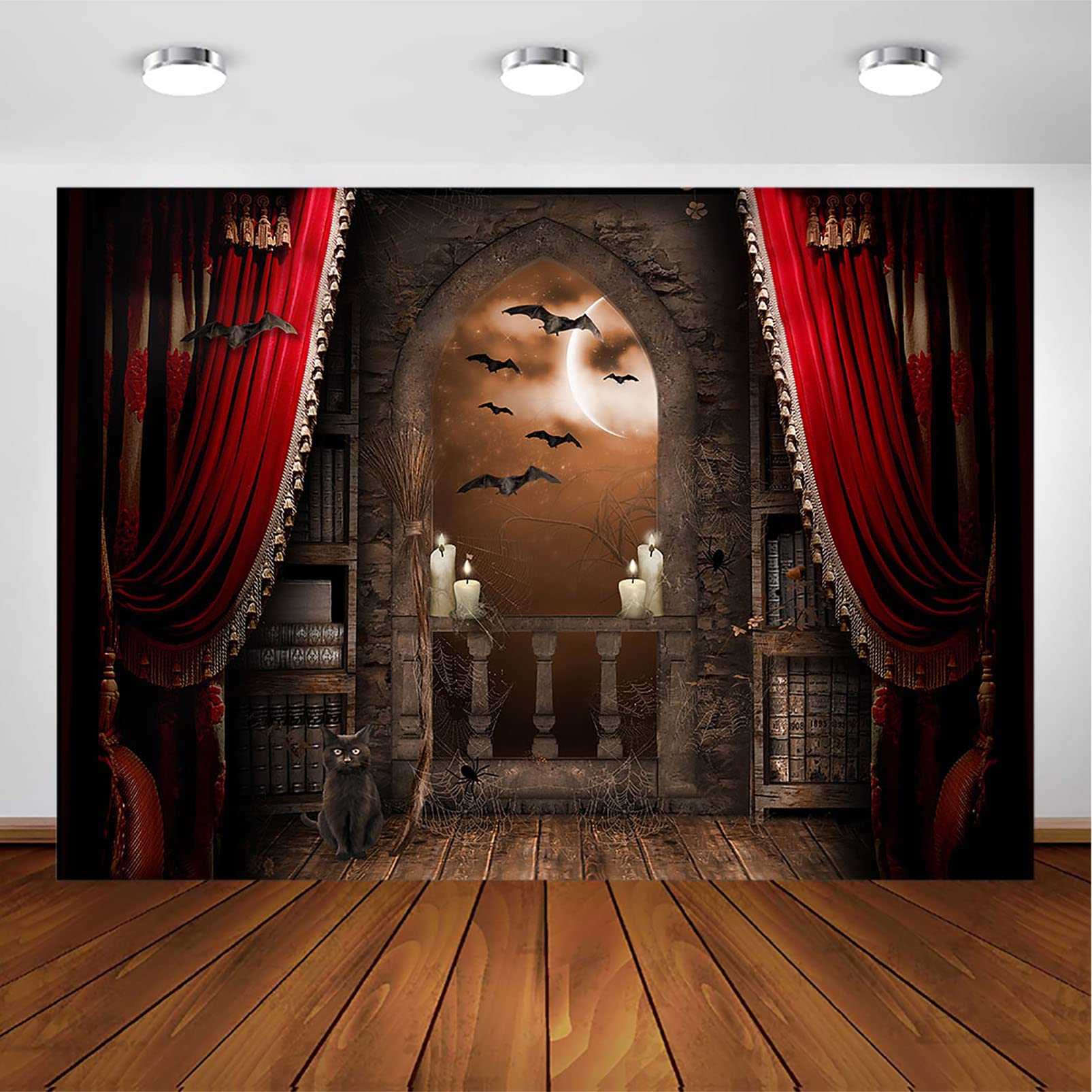 Avezano Halloween Photography Backdrop Magical Broom Vampires Medieval Castle Background Spooky Witch Bats Mid Century Vintage Child Kids Photoshoot Photo Studio Booth Decorations (Orange, 10x8ft - View #2