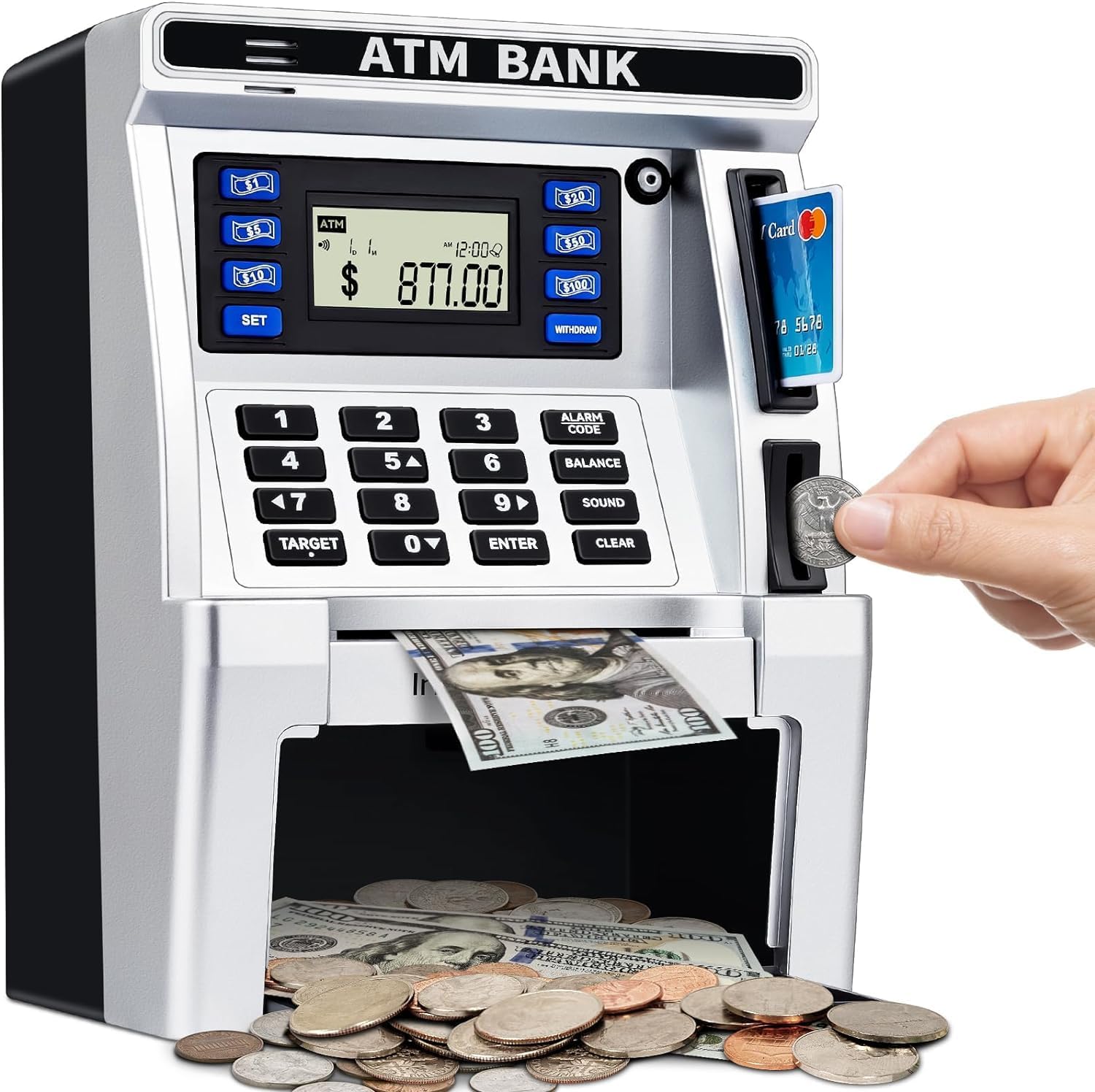 ATM Piggy Bank for Kids, ATM Machine for Real Money with Debit Card, Bill Feeder, Coin Recognition, Balance Calculator, Electronic Savings Safe Box, Gifts for Teen Boys Girls Black