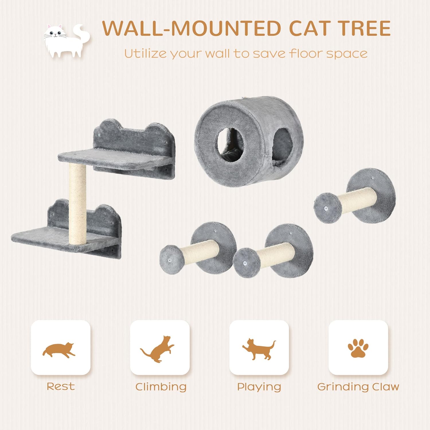 review PawHut 5PCs Cat Wall Shelves, Pet Wall-Mounted Climbing Shelf Set, Kitten Activity Center with Condo, Cushion, Scratching Post, Jumping Platform, Gray