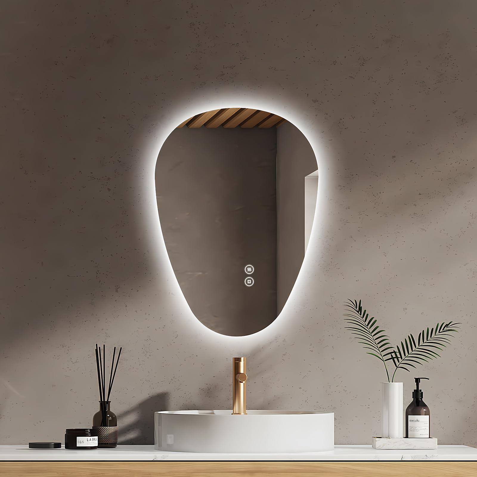 EMKE Espejo de Baño con Iluminación, 60 x 45 cm, Espejo LED Asimétrico, Interruptor Táctil, 3 Colores de Luz Ajustables, Espejo Anti-Vaho