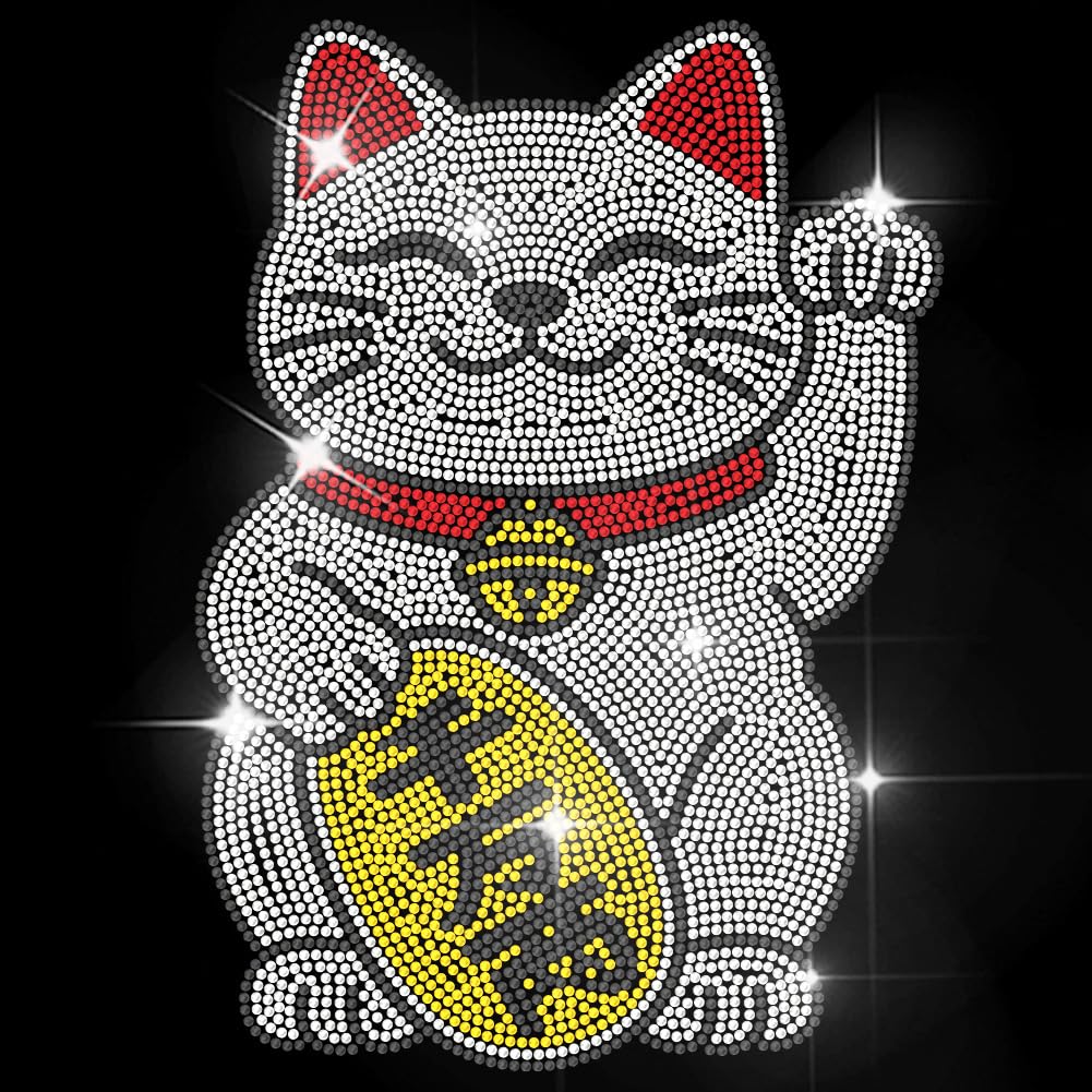 MAYJOYDIY Maneki Neko Rhinestone Iron on Transfer LuckFortune Cat Heat Transfer Sticker Rhinestone Animal Hot-fix Decals Bling Clothing Decoration for Shirt Bag Jeans Pants Jacket Pillow DIY Crafts