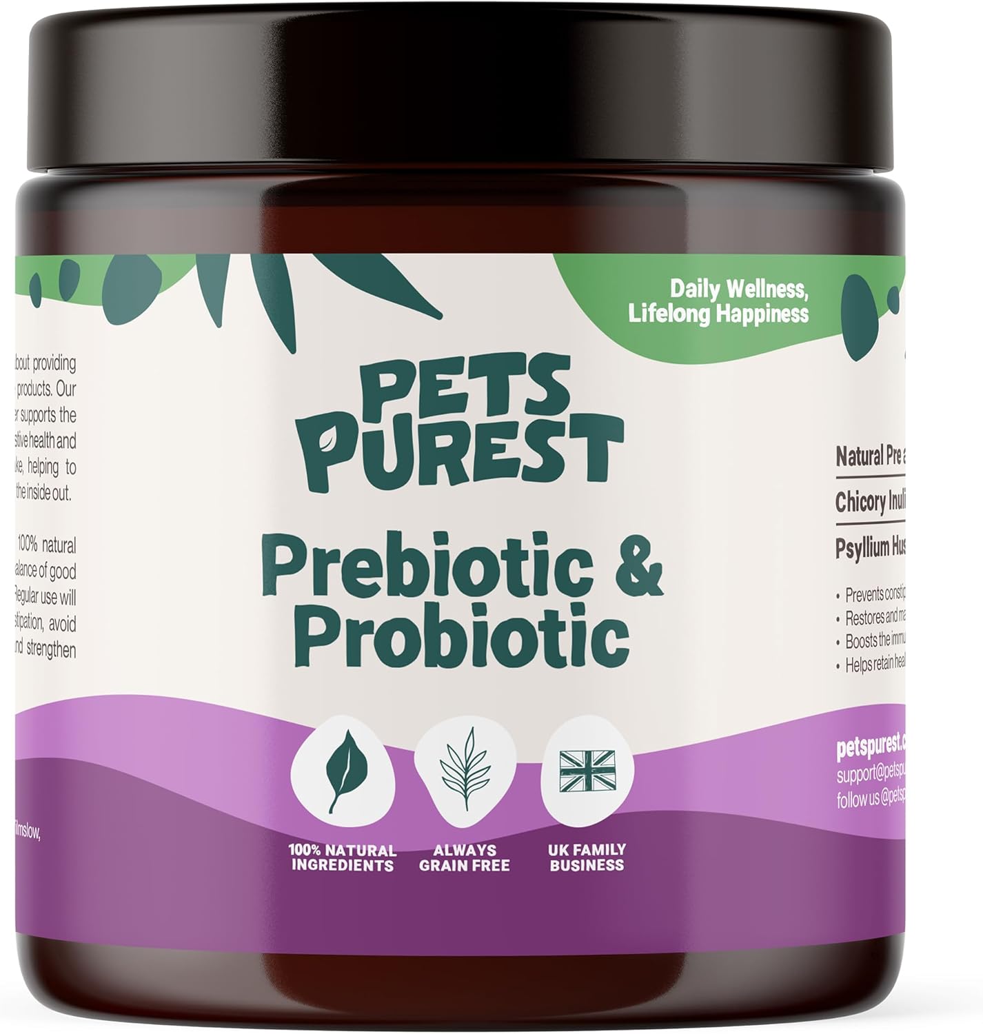 Pets Purest Digestive Prebiotic Probiotic for Dogs, Cats & Pet – 100% Natural Fibre Digestion Enzymes Immune Support Supplement for Gut Health and Healthy Stools