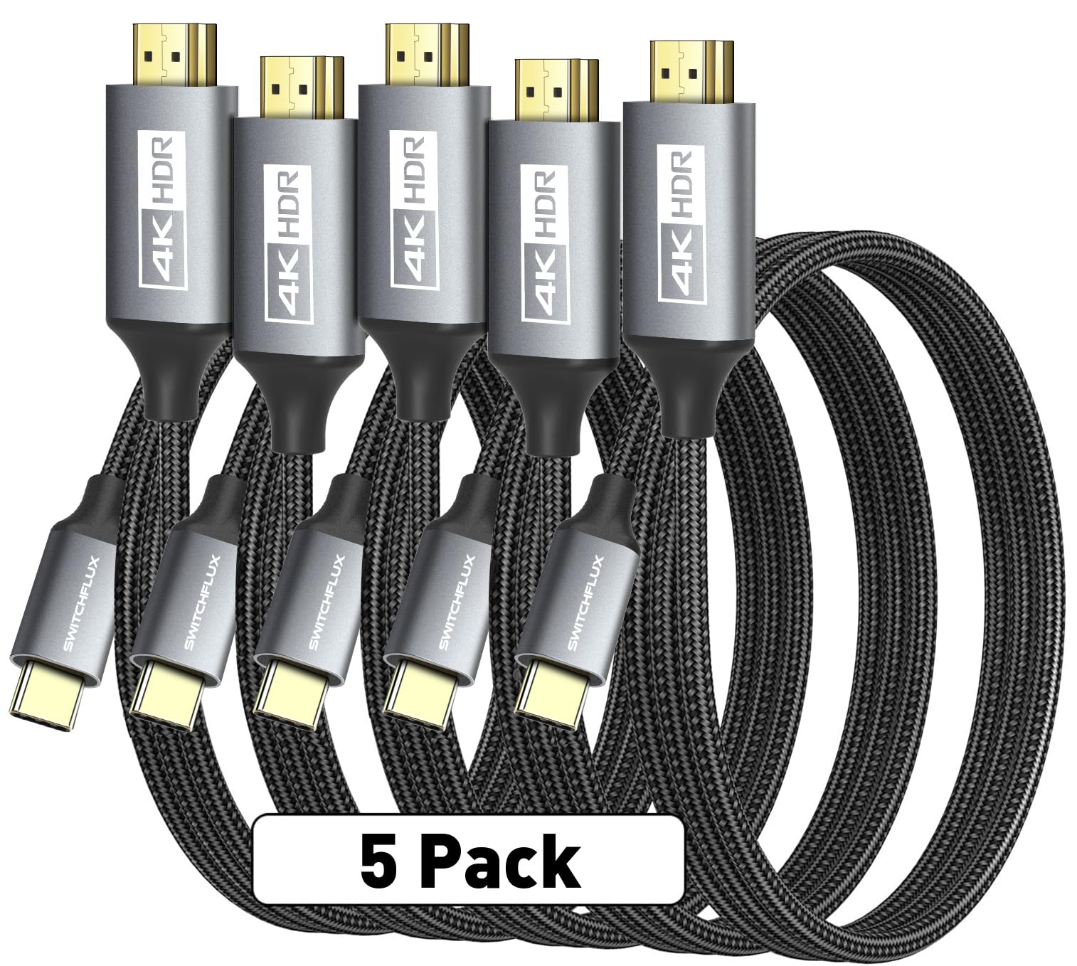 SWITCHFLUX 5 Pack USB-C to HDMI Cable 6Ft [4K@60Hz] High-Speed USB Type C to HDMI 2.0 Braided Cord (Thunderbolt 3/4 Compatible) for iPhone 15 Series,