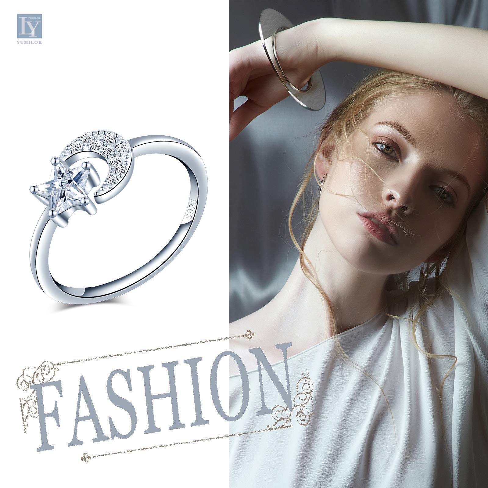 Yumilok Anillo de plata 925, anillo ajustable para mujer y niña, anillo de compromiso abierto, anillo de luna y estrella, circonita cúbica con incrustaciones, tamaño ajustable