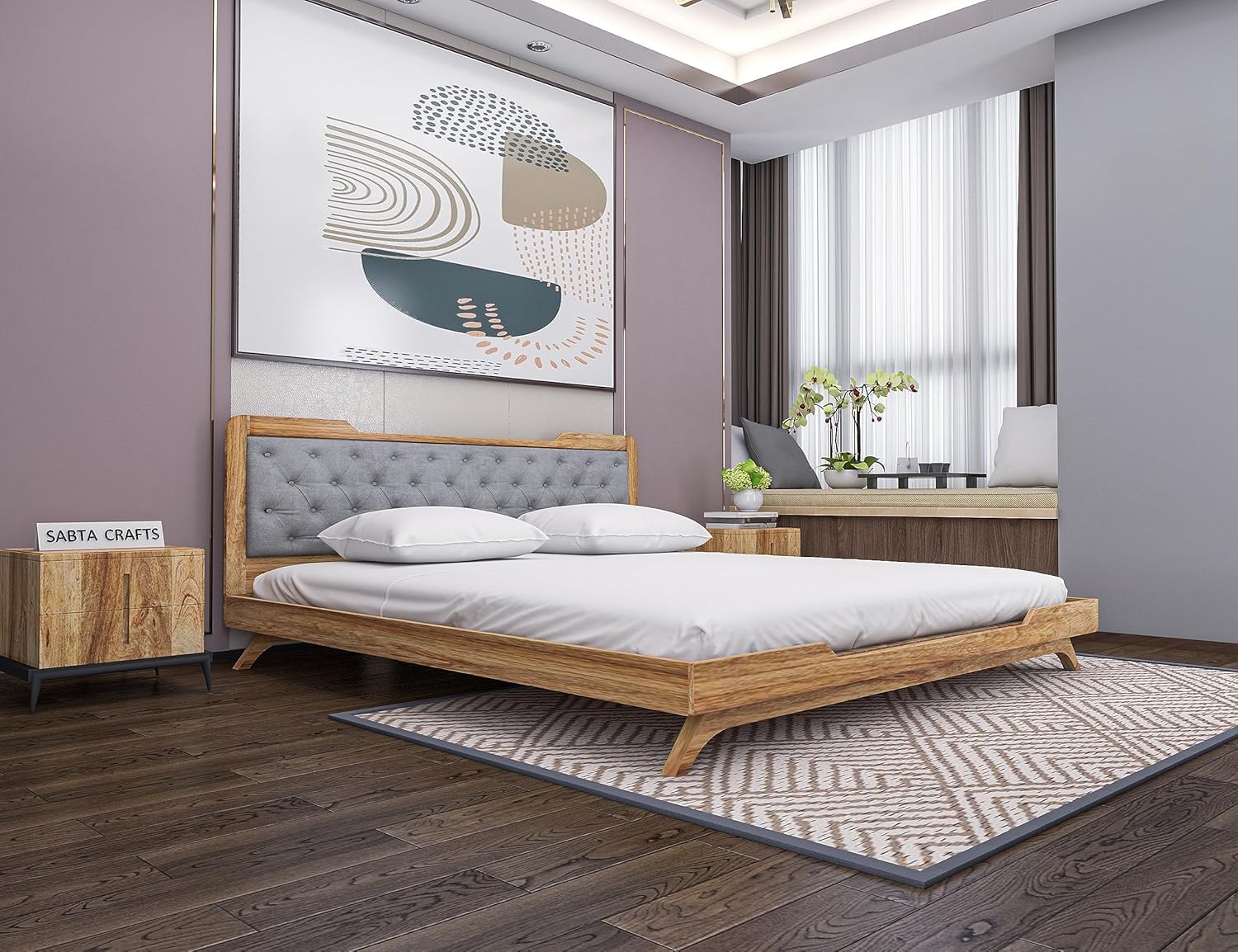 SABTA Craft Solid Sheesham Wood Low Height Queen Size Bed Without Storage | Wooden Double Bed | Low Floor/Lying/Rise/Level/Profile Cot with Cushioned Headboard | Brown Finish & Grey-image-7