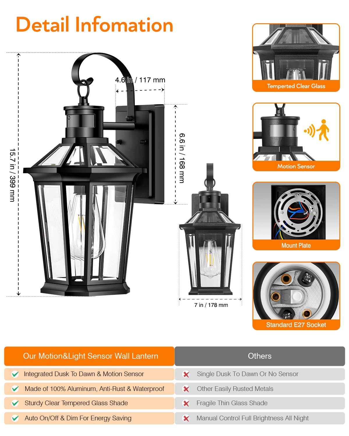 VIANIS Außenlampe mit Bewegungsmelder, Moderne Wandleuchte Aussen Schwarz, Robuste Wetterfest Aussenlaterne aus Aluminium, Aussenbeleuchtung Hauswand, Hausbeleuchtung Außen für Eingang, Garage Veranda
