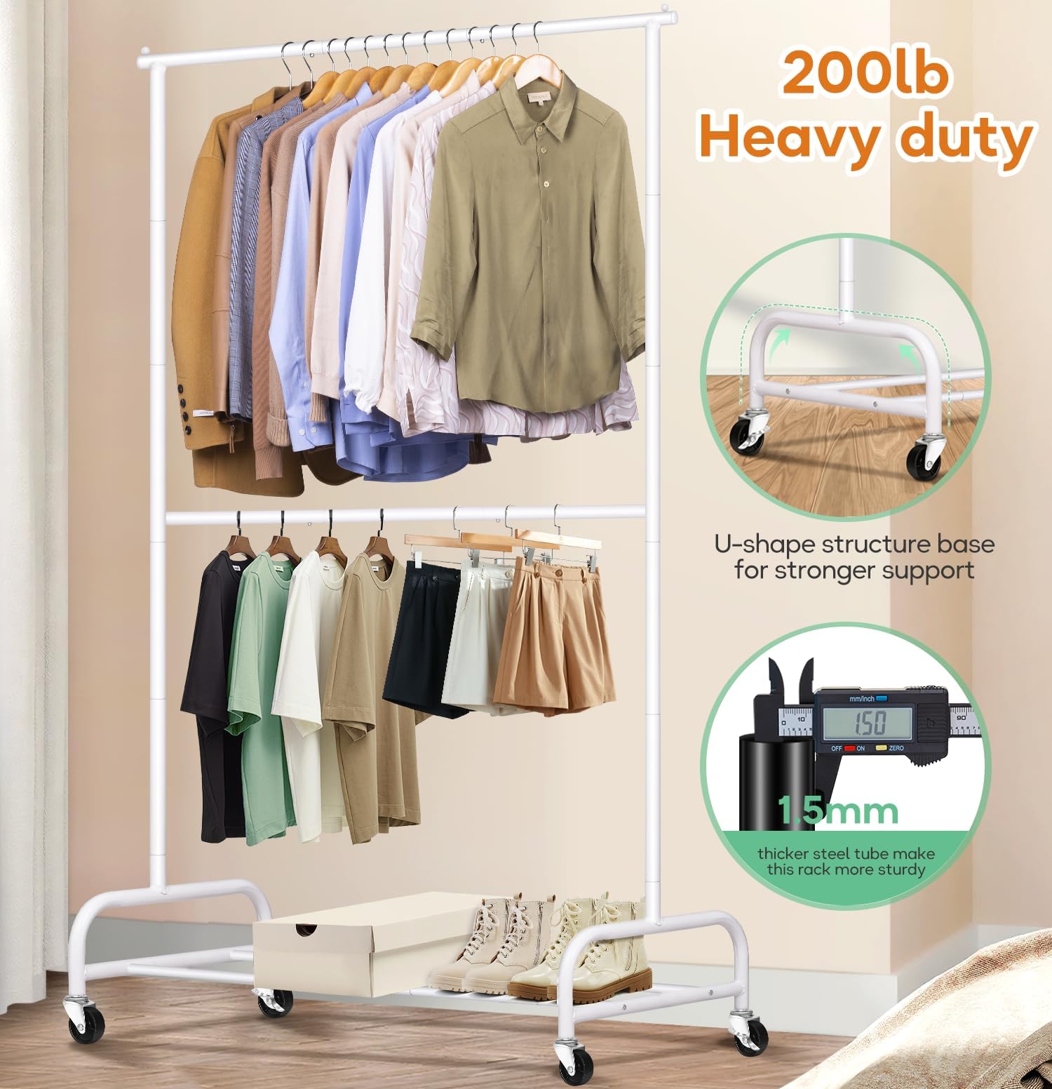 SLEEPING LAMB Double Rod Heavy Duty Clothes Racks for Hanging Clothes, Metal Rolling Garment Rack With Wheels Clothes Hanger Rack Wardrobe Racking for Coats, Shirts (White)