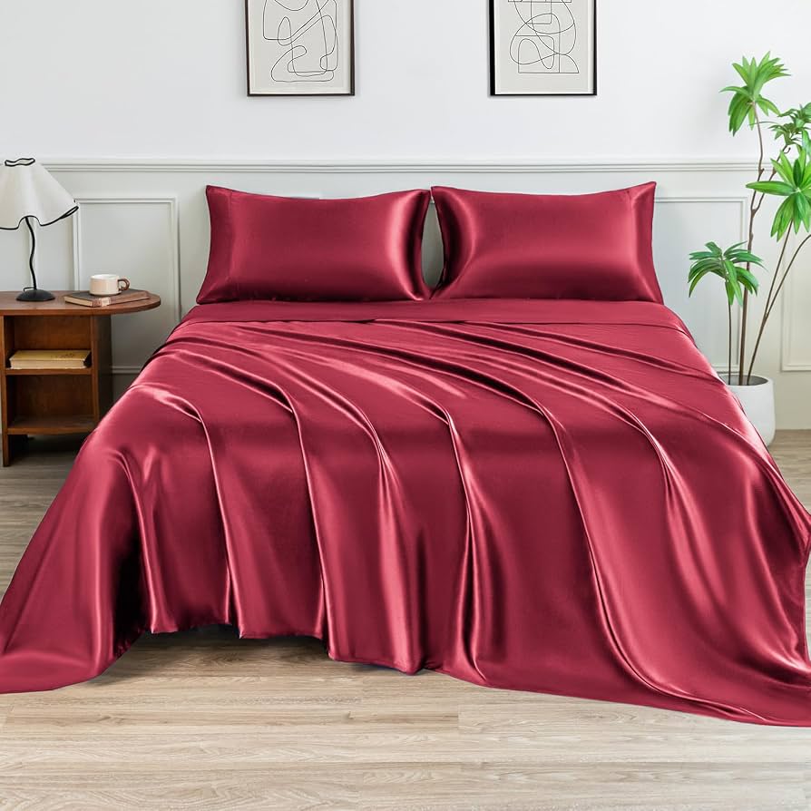 Satin Sheets King Size Bed Set,Similar to Silk Sheets,4Pcs Luxury Satin Sheet Set with 15 Inches Deep Pocket (King, Wine Red)