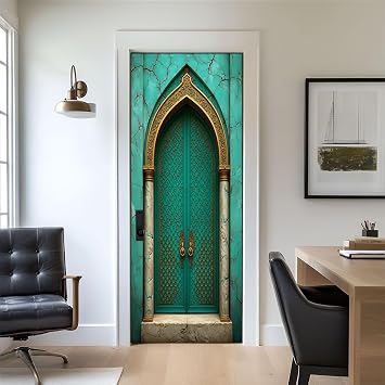 Door Stickers Peel and Stick Door Decal Ornate Moroccan Style Turquoise Doors Gold Accents Marble Columns Removable Mural Wallpaper 30.3x78.7 Wall Murals for Kitchen Living Room Bedroom