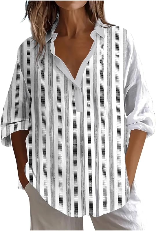 Linen Shirts for Women Button V Neck Long Sleeve Gauze Blouses Oversized Loose Fit Floral Print Boho Summer Tops