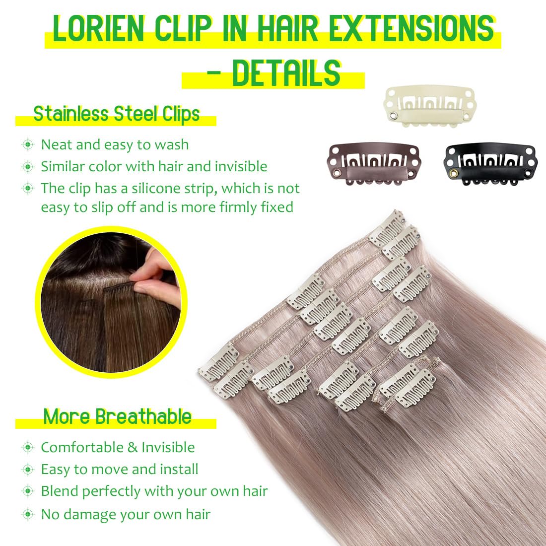 LORIEN Silver Grey Clip in Hair Extensions Real Human Hair Clip ins Remy Human Hair Clip in Extensions Invisible Natural Straight Seamless Clip on Hair Extensions 8pcs Double Weft 22 Inch 110g