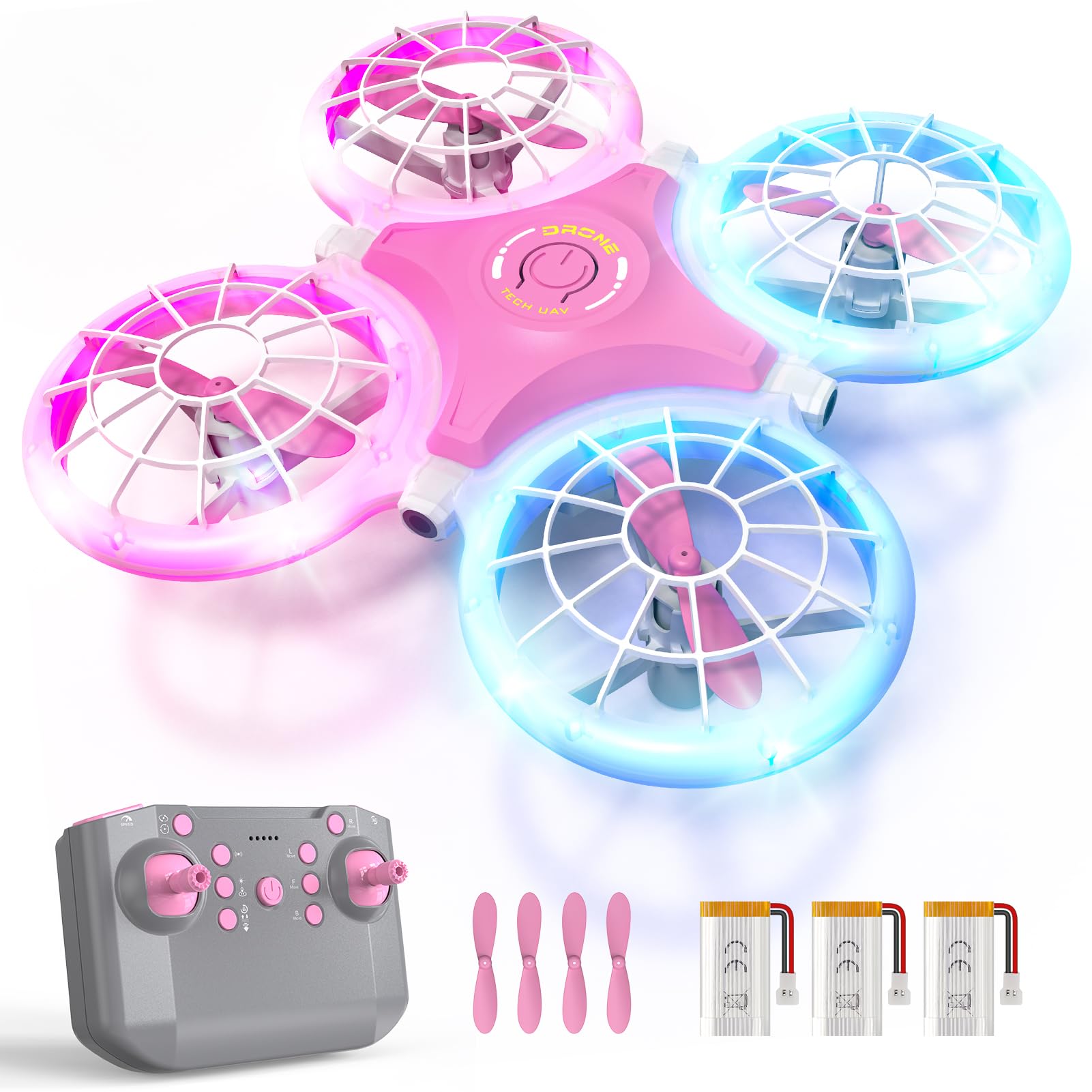 ShinePick Mini-Drohne für Kinder von 6 bis 10 Jahren mit LED-Lichteffekten, Spielzeug für Jungen und Mädchen, ferngesteuerte Drohne für Anfänger mit Hindernisvermeidungssensoren (Rosa-Blau-Mix)