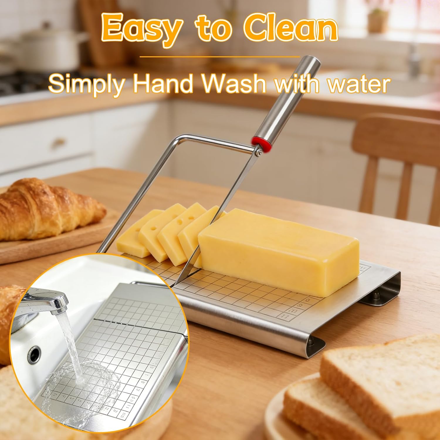 Cheese Slicer, Stainless Steel Cheese Cutter Board and Measuring Grids, Multipurpose Cheese Cutter for Block Cheese, Butter, Sausages, Fruits Kitchen Gadget Cheese Tool