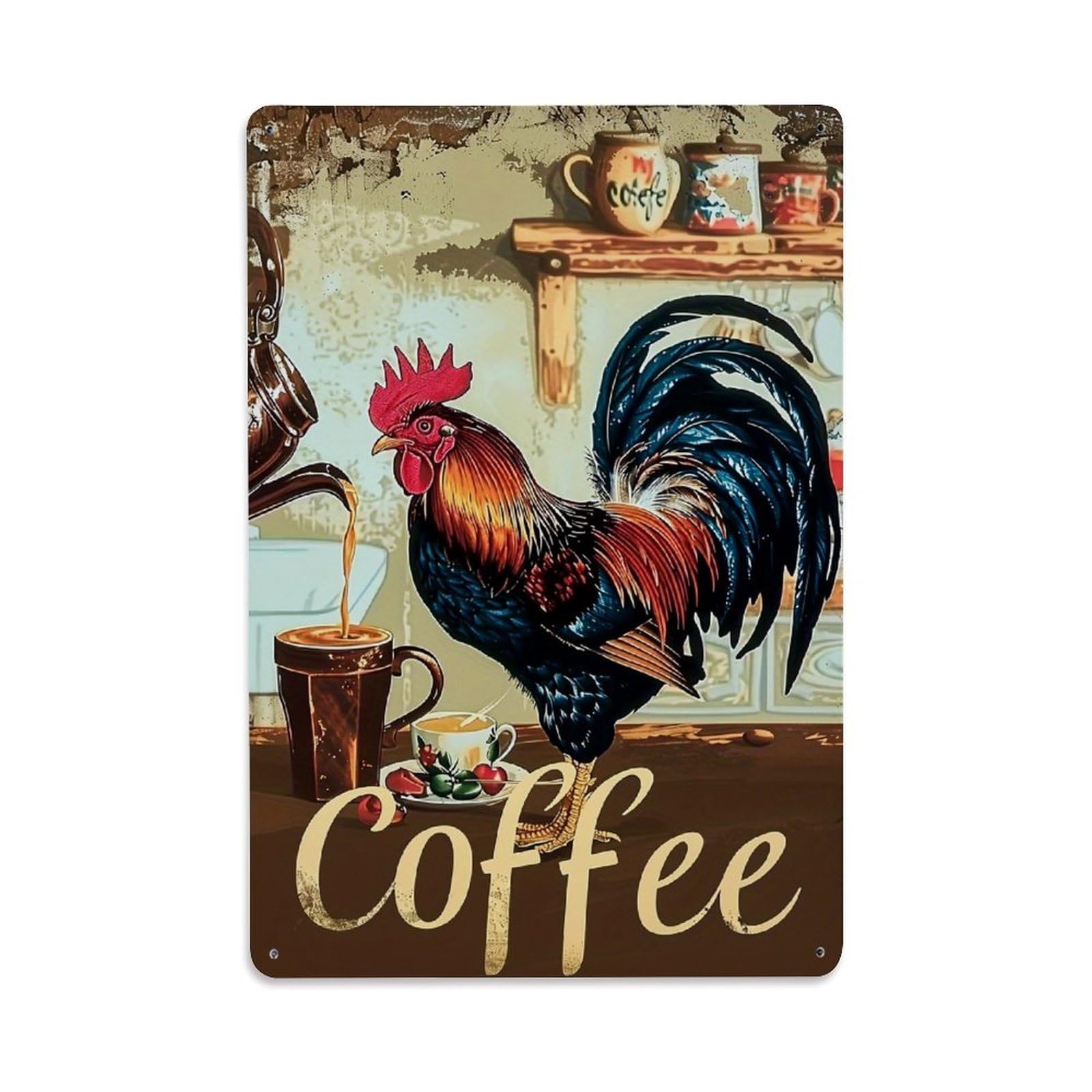 Jdyaojiesheng Vintage Rooster Coffee Mug Kitchen Art Tin Sign Retro Metal Wall Decor Metal Poster, Home Bar Garage Farmhouse Cafe Wall Art Decoration 8X12inches