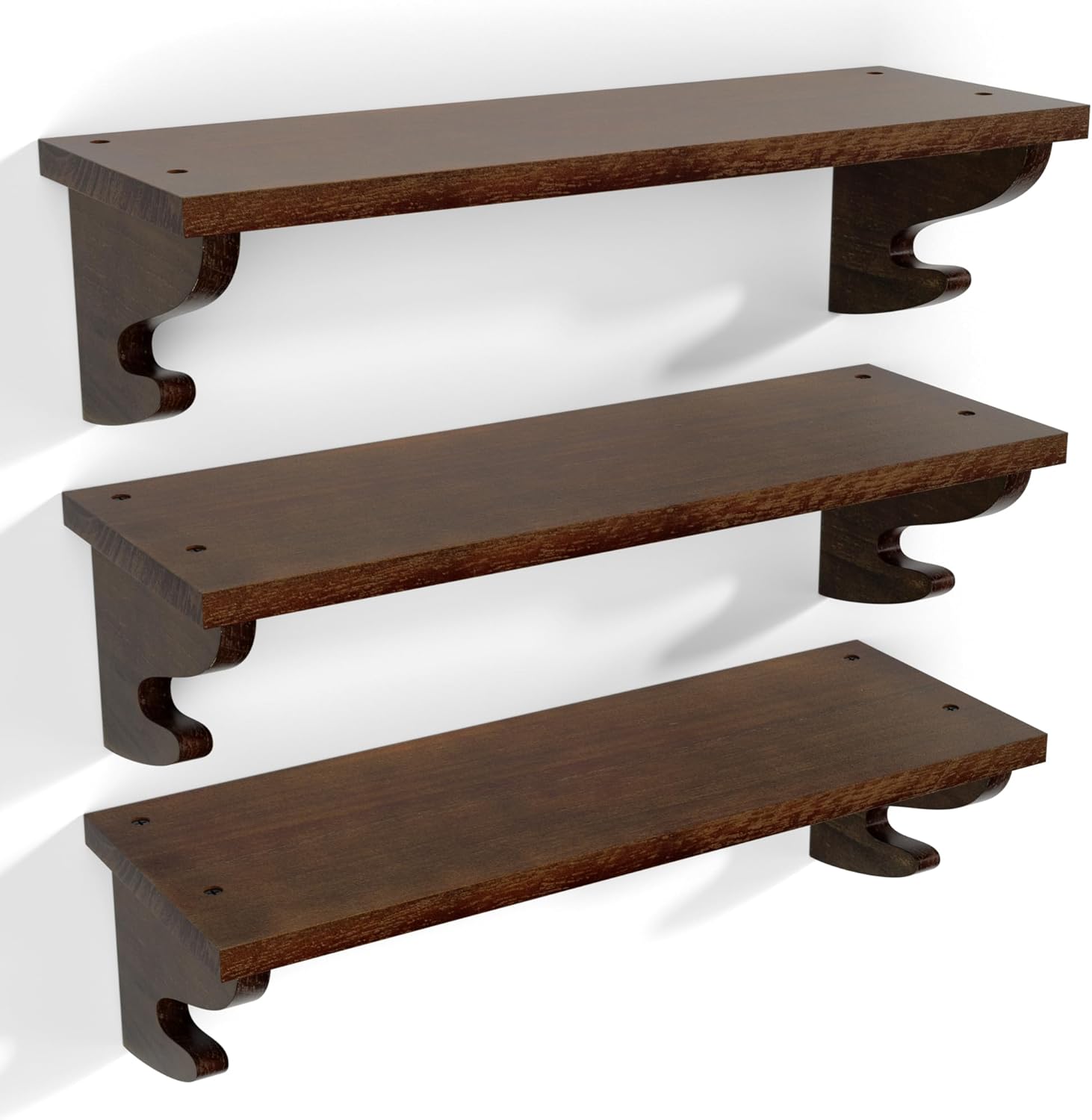 Alsonerbay Wood Floating Shelves for Wall 3 Pack, 17 inch Rustic Wall Shelves with Hook, Decorative Hanging Shelves for Bedroom Living Room Nursery Office and More Light Walnut