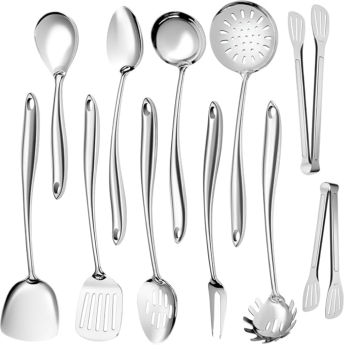 304 Stainless Steel Kitchen Utensils Set, 11 PCS Metal Cooking Utensils Set with Spatula, Spoon, Ladle, Skimmer, Turner, Pasta Server, Tongs