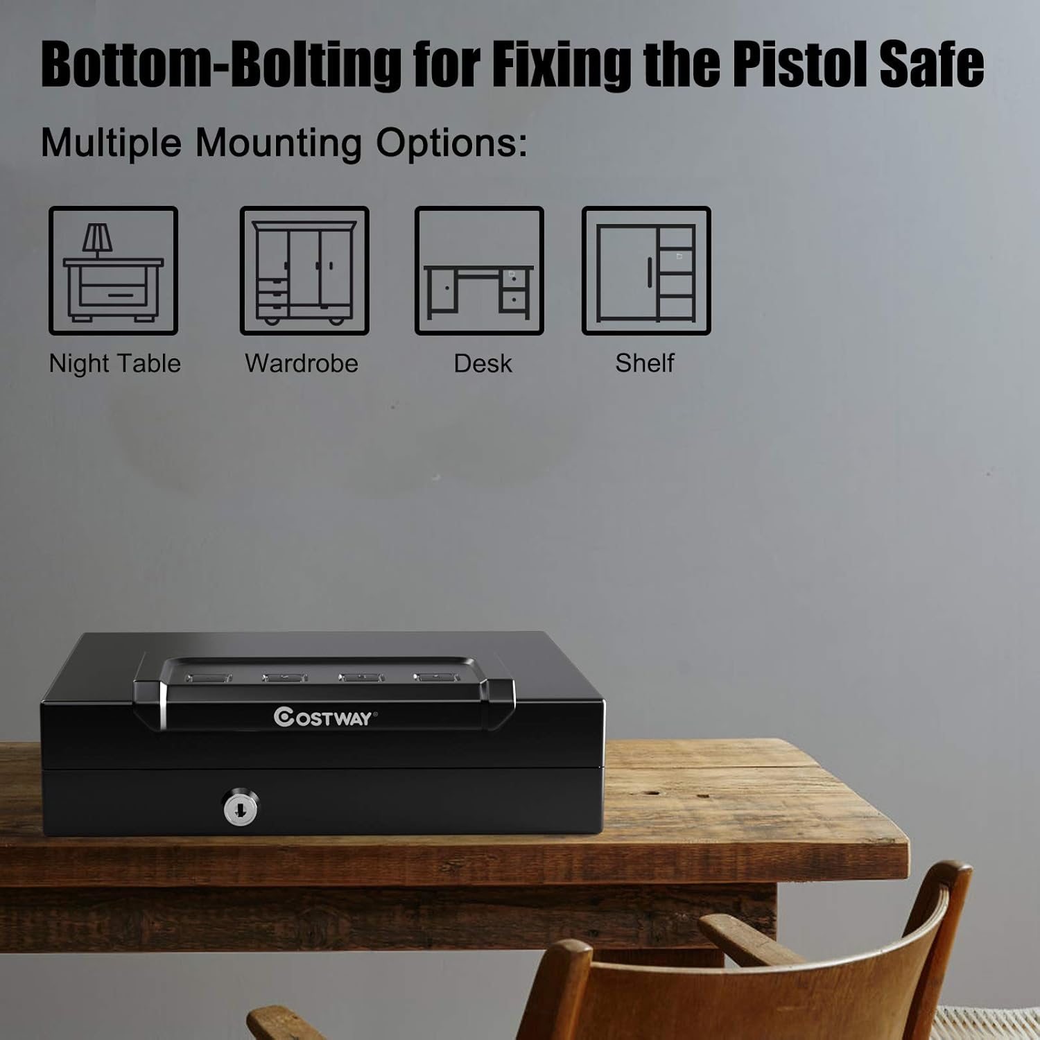 COSTWAY Handgun Safe on a wooden table, illustrating various mounting options like night table, wardrobe, desk, and shelf.