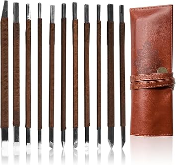 Chisel, Seal Engraving, Thread Winder, Sweatproof Handle, Stamp Knife, Manganese Steel, High Hardness, Good Sharpness, Includes Leather Case, Chisel Set of 11