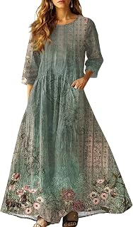 3/4 Sleeve Maxi Dress for Women Vintage Floral Fall Round Neck Long Shirt Dresses with Pockets Summer Lounge Dresses