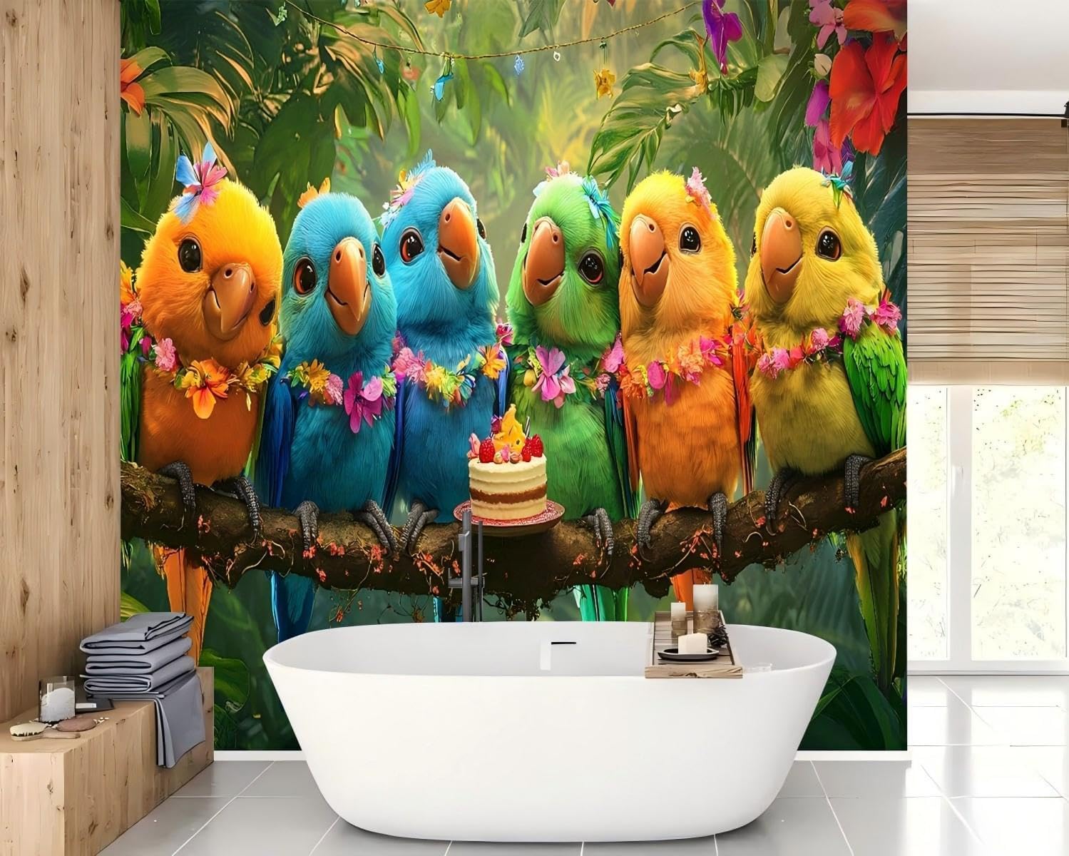 Playful Cartoon Parrots Peel and Stick Wall Mural for Kids, Large Removable Self-Adhesive Canvas Mural for Nursery, Bedroom & Playroom Decor (A11, 82"x118")