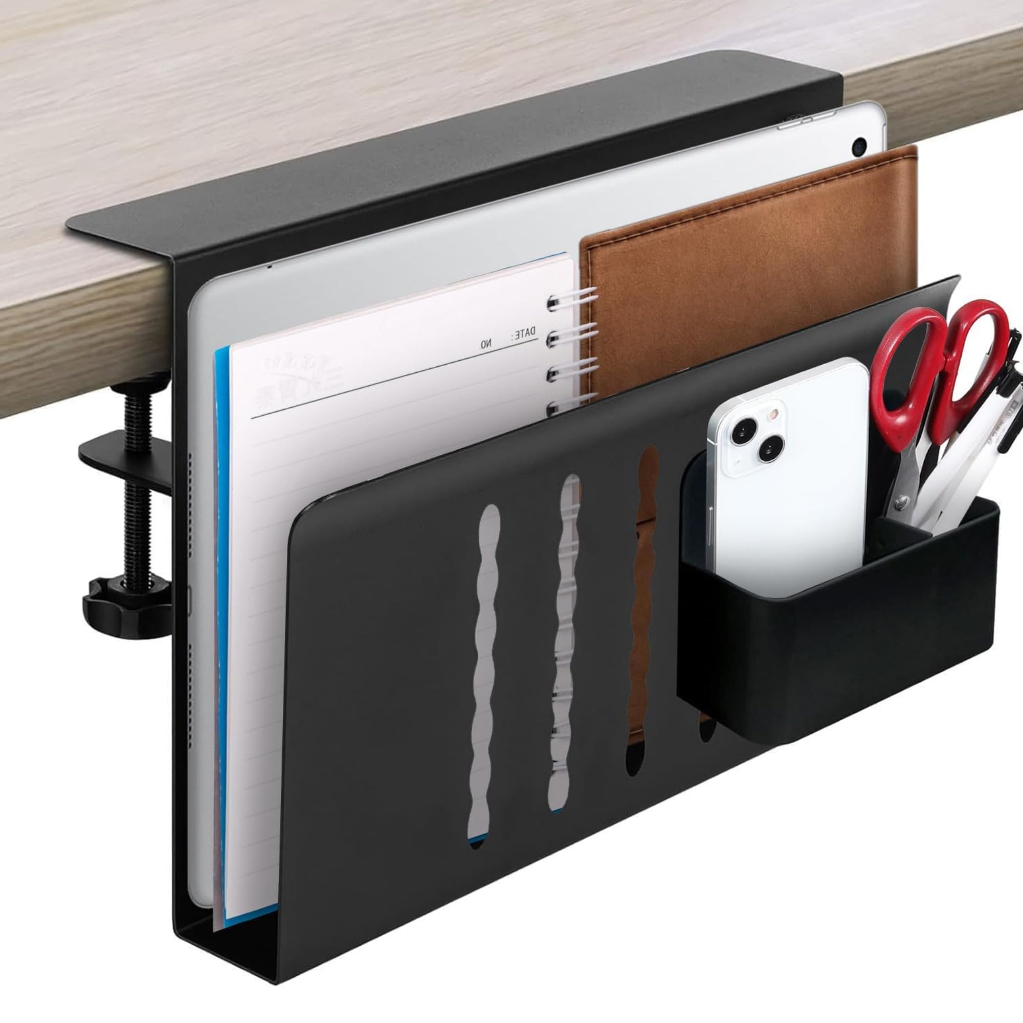Desk Side Storage – Heavy-Duty Steel Laptop Holder Desk Attachment with Magnetic Pen Holder, Side Table No Drill Clamp Desk Organizer, Hanging Desk Organizer for Home & Office – Black