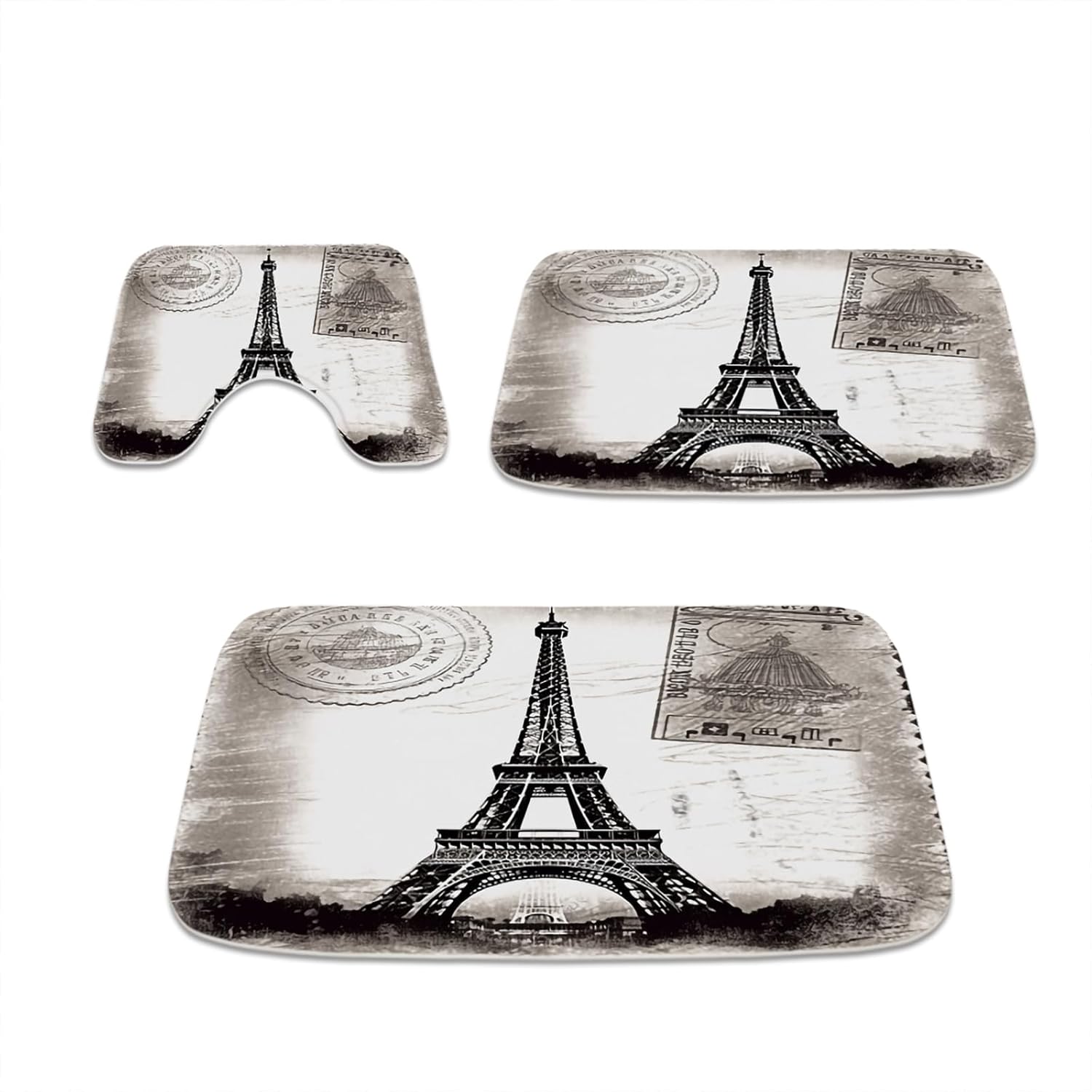 Postcard Theme Eiffel Tower Paris Bathroom Rugs and Mats Sets, 20 x 31 Large Imitation Cashmere Bath Mat, 16 x 20 U-Shaped Contour Shower Mat Non Slip, Bath Rugs 16 x 24 Inches