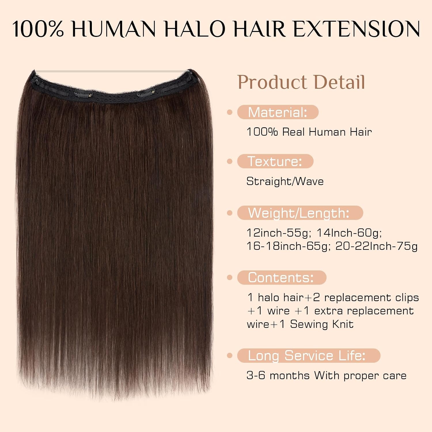 Rich Choices Halo Hair Extensions Real Human Hair Remy Hairs Halo Extension Invisible Wire Hairs Extension for Women Invisible Wire One Piece Clip in Hairpiece 16 Inch Straight-#2R Dark Brown