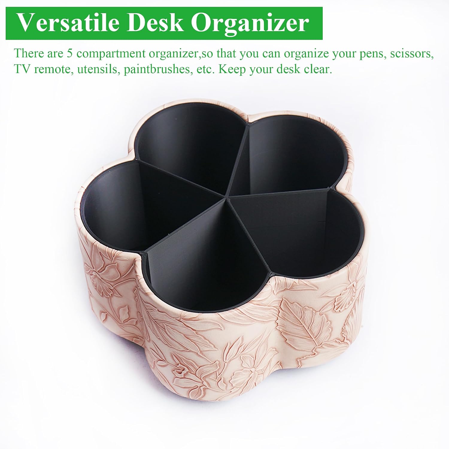 Flower Shaped Leather Art Supply Organizer,Remote Control Holder,360 Degree Spinning,Multi-Functional Pencil Holder,5 Compartments Desktop Stationary Organizer(1-Flower Pink)