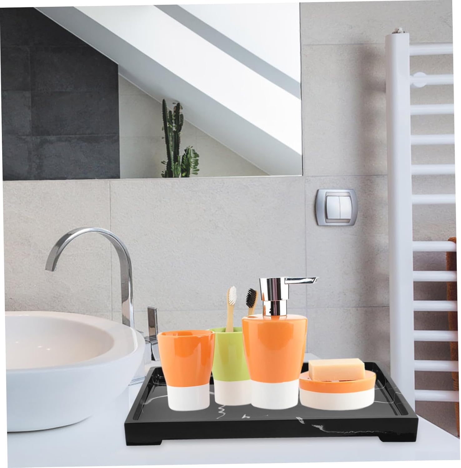 Bathroom Marbling Tray Decorative Resin Makeup Organizer for Skincare Perfume and Cosmetics Storage Shape for Vanity Countertop Use Black