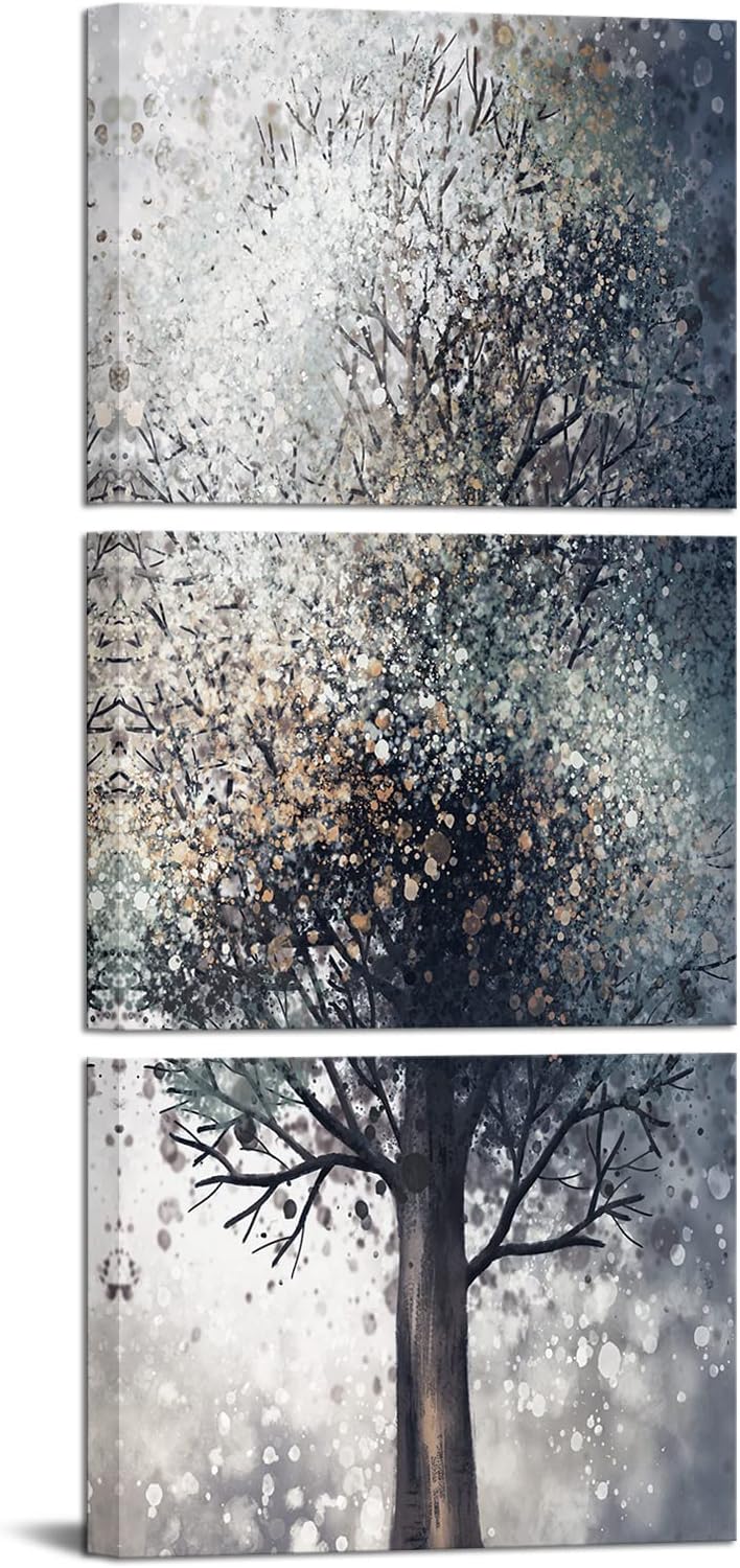 Conipit Vertical Tree Painting for Living Room Fantasy Grey Tree Wall Art Silver Tree of Life Neutral Pictures Wall Decor Stretched Framed Ready to Hang 12''x16''x3 pcs