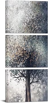 Conipit Vertical Tree Painting for Living Room Fantasy Grey Tree Wall Art Silver Tree of Life Neutral Pictures Wall Decor Stretched Framed Ready to Hang 12x16x3 pcs