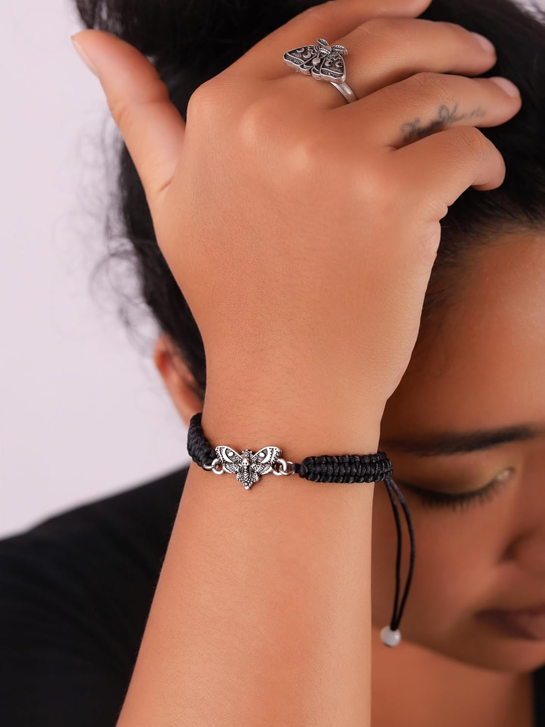 Sacina Skull Dead Moth Black Braided Bracelet Strand, Gothic Emo Punk Grunge Bracelet, Goth Jewelry, Christmas Jewelry Gift for Women - Image 4