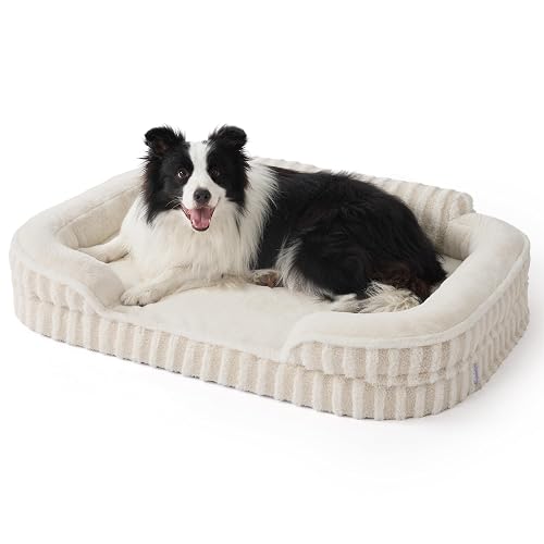 LE SURE Cute L-Plus Dog Beds, Orthopedic Waterproof Large Pet Bed with Sides, High Back Non-Slip Bottom and Egg-Crate Foam Dog Couch Sofa with Washable Removable Cover, Beige - 38.0"L x 28.0"W x 7"Th - Beige