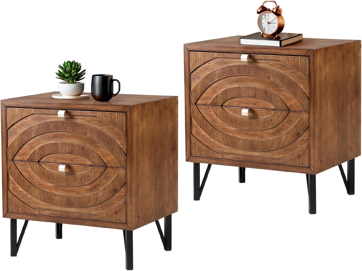 COSIEST Nightstand, Rustic End Table with 3 Drawers, Vintage Wood Bedside Table with Strudy Legs, Modern Side Table Accent Nightstand for Bedroom, Living Room(Brown,2 Pieces)