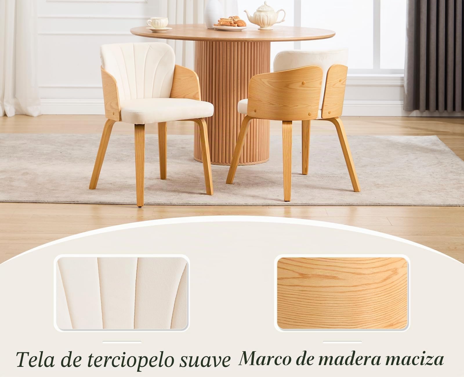 chairus 2PCS Sillas de Comedor con Estructura de Madera, Beige | Sillas de Cocina Tejido de Terciopelo, Estilo Moderna, con Patas de Madera Maciza, con Asiento y Respaldo Tapizado