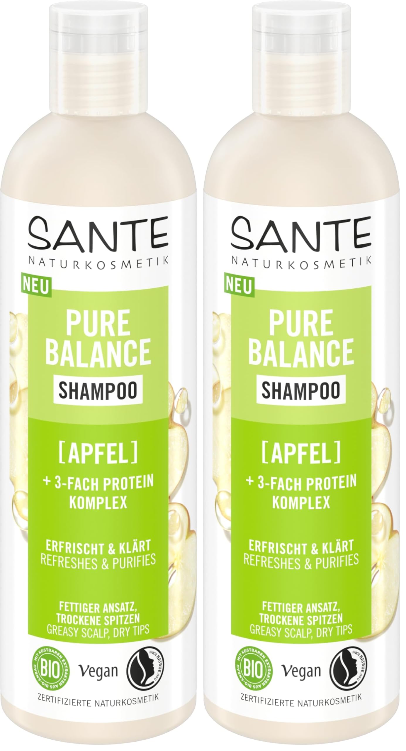 SANTE Naturkosmetik Pure Balance Shampoo Apfel - 250 ml - mit Apfel & 3-Fach Protein Komplex - Feuchtigkeitsshampoo für fettende Ansätze & trockene Spitzen - vegan & dermatologisch getestet