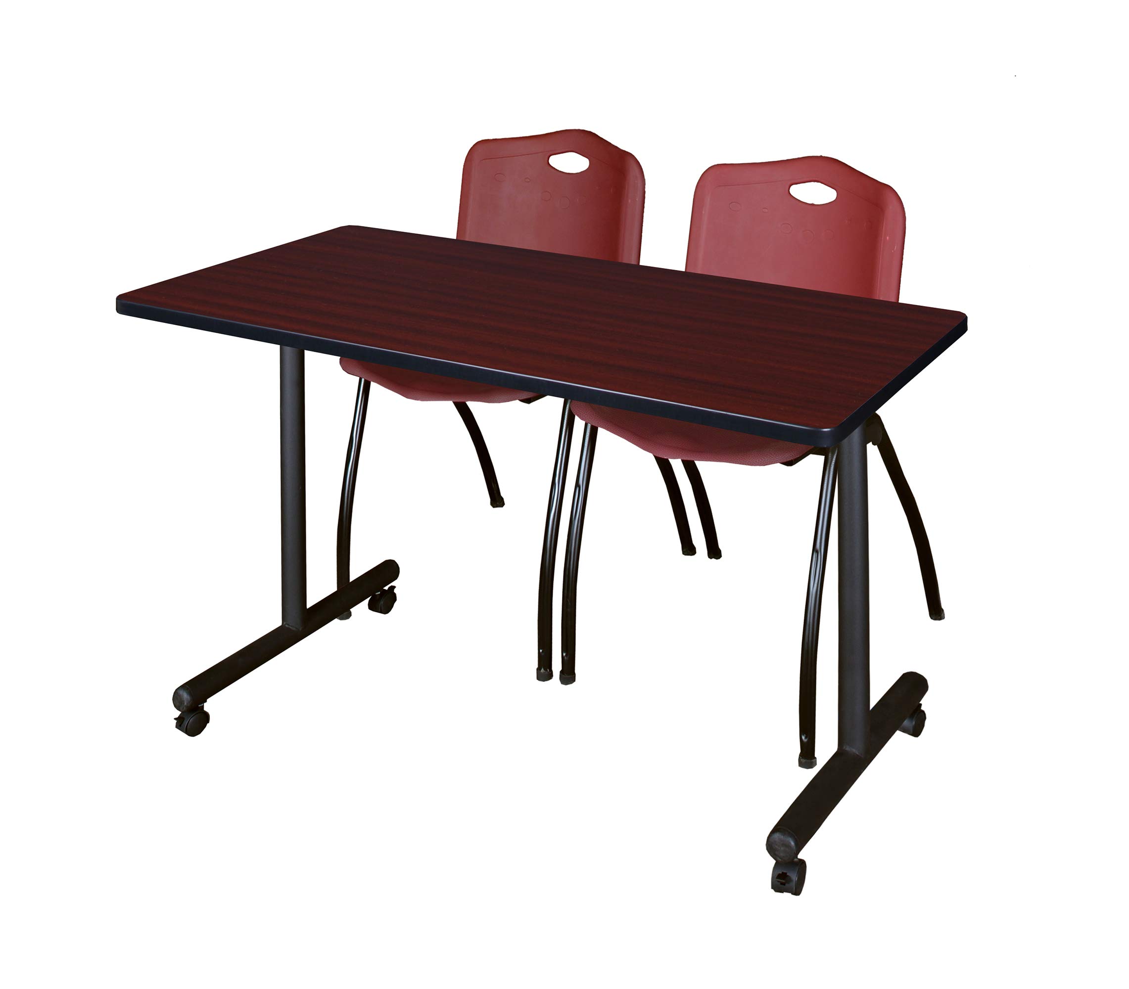 Romig Axis-Pro 48 x 24 in. Mobile T-Base Training Table- Mahogany, 2 M Stack Chairs- Burgundy