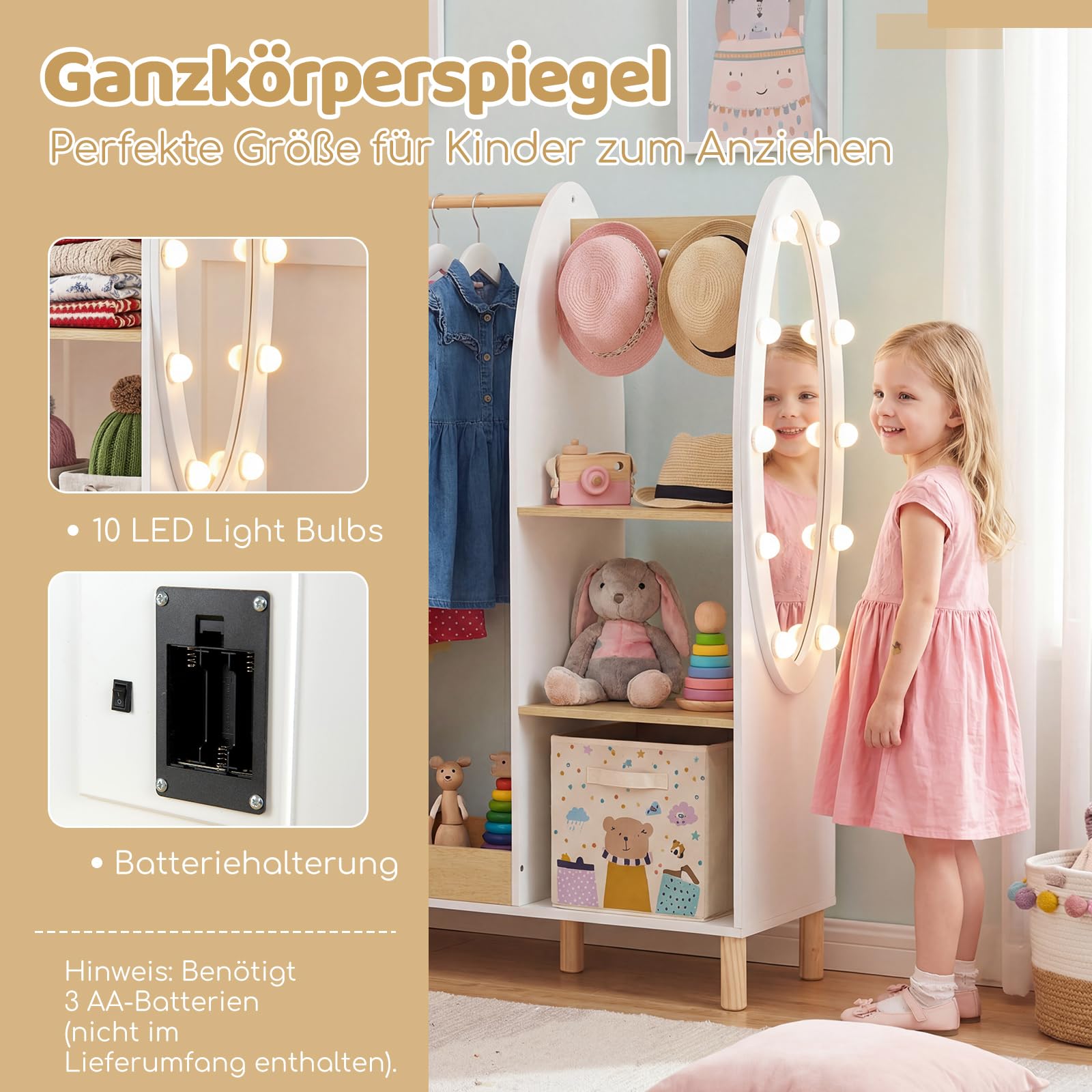 COSTWAY Kleiderschrank Kinder mit Beleuchtung, Kindergarderobe mit Spiegel, Kleiderstange, Regalen & Haken, Kleiderständer aus Holz für Kinderzimmer, 91 x 28 x 110 cm, Weiß