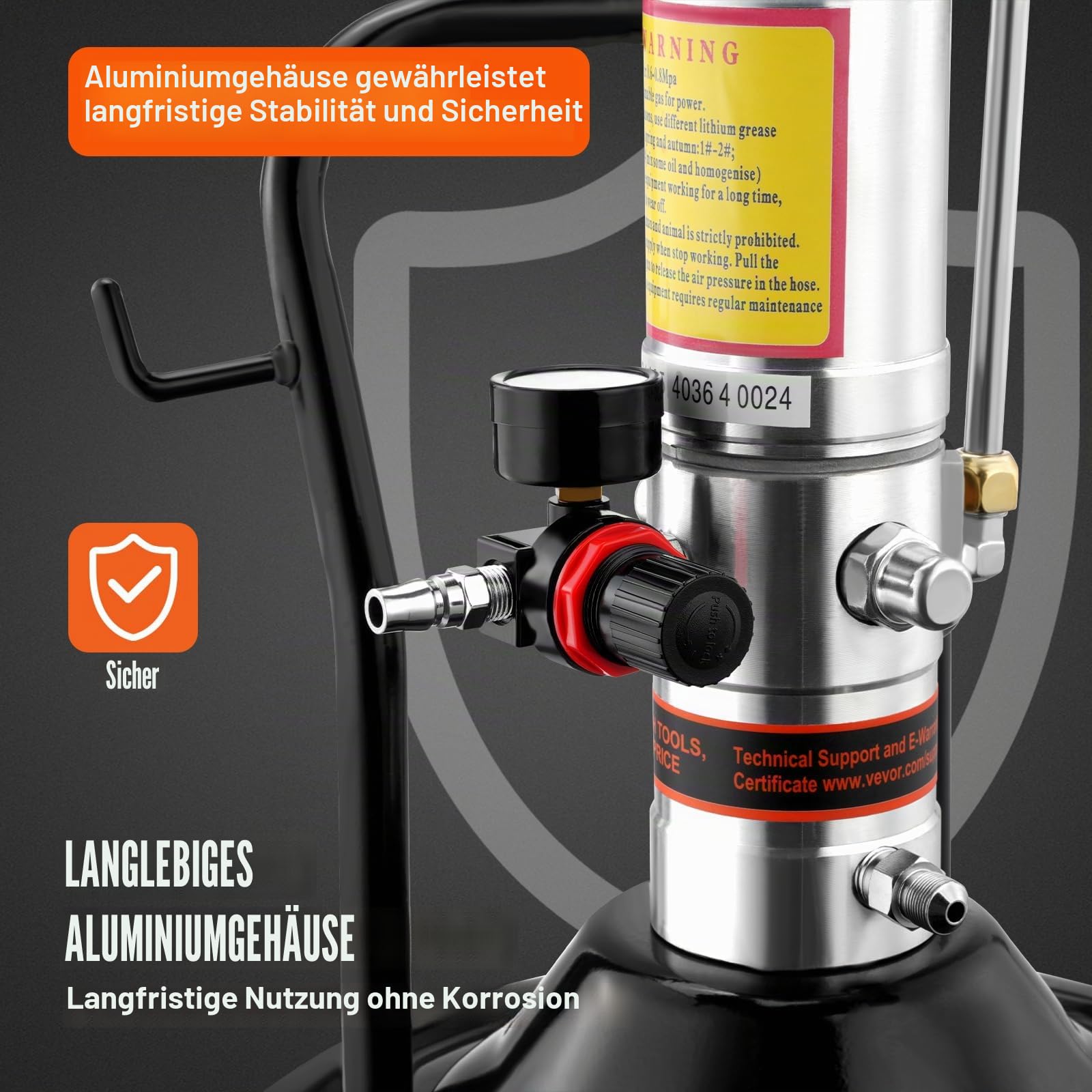 VEVOR Pneumatische 0,6-0,8Mpa Fettpumpe Druckguss-Aluminium Luftbetriebene Abschmierpumpe Durchfluss von 740 g/min Luftfettpumpe -20℃ bis 100℃ Betriebstemperatur Geeignet für 0-3# Schmierfett