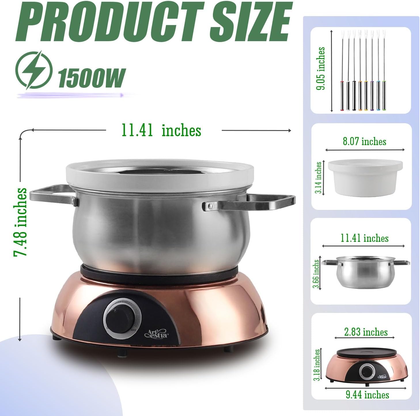 Artestia 3-in-1 Electric Fondue Pot 2.6QT – Chocolate, Cheese & Meat Hot Pot, 1500W High-Power with Removable Stainless Steel & Ceramic Bowls, Perfect for Parties, Family Dinners & Gifts