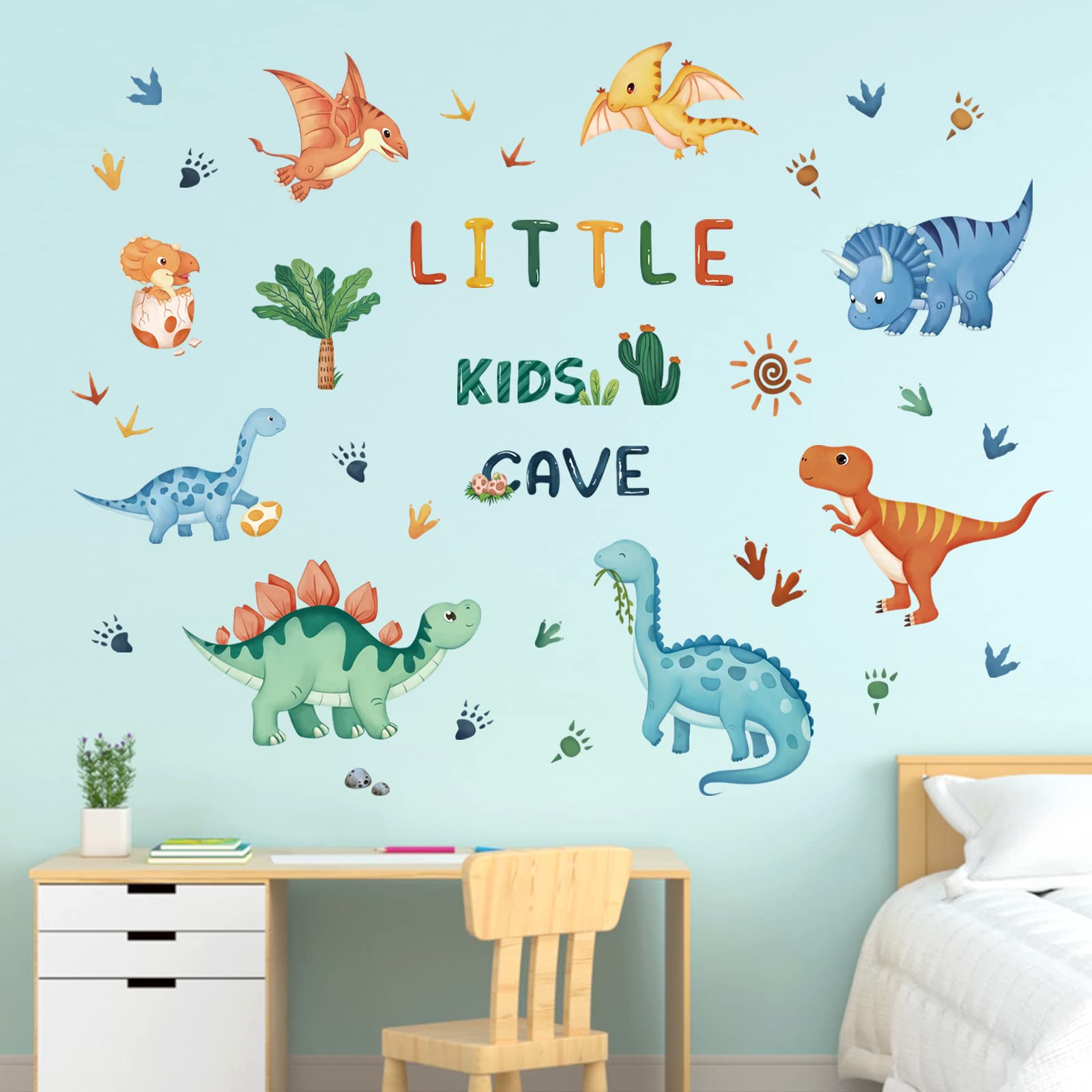 decalmile Watercolor Dinosaur Wall Decals Dino Tropical Plants Wall Stickers Baby Boy Kid Bedroom Playroom Wall Decor - Image 2