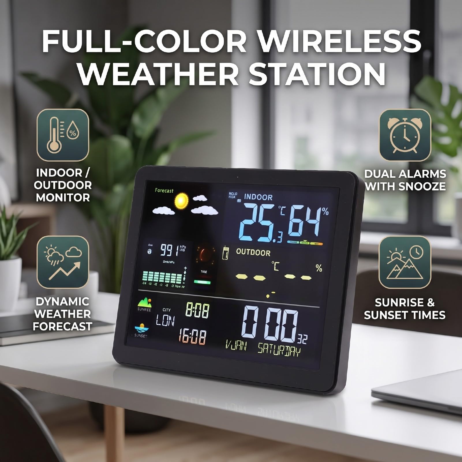 Sxhlseller Wetterstation mit Funk Außensensor, Innen Außenthermometer Hygrometer, Luftdruck Mondphase Gezeitendaten Dual Alarm 12 24 Std for Zuhause Büro