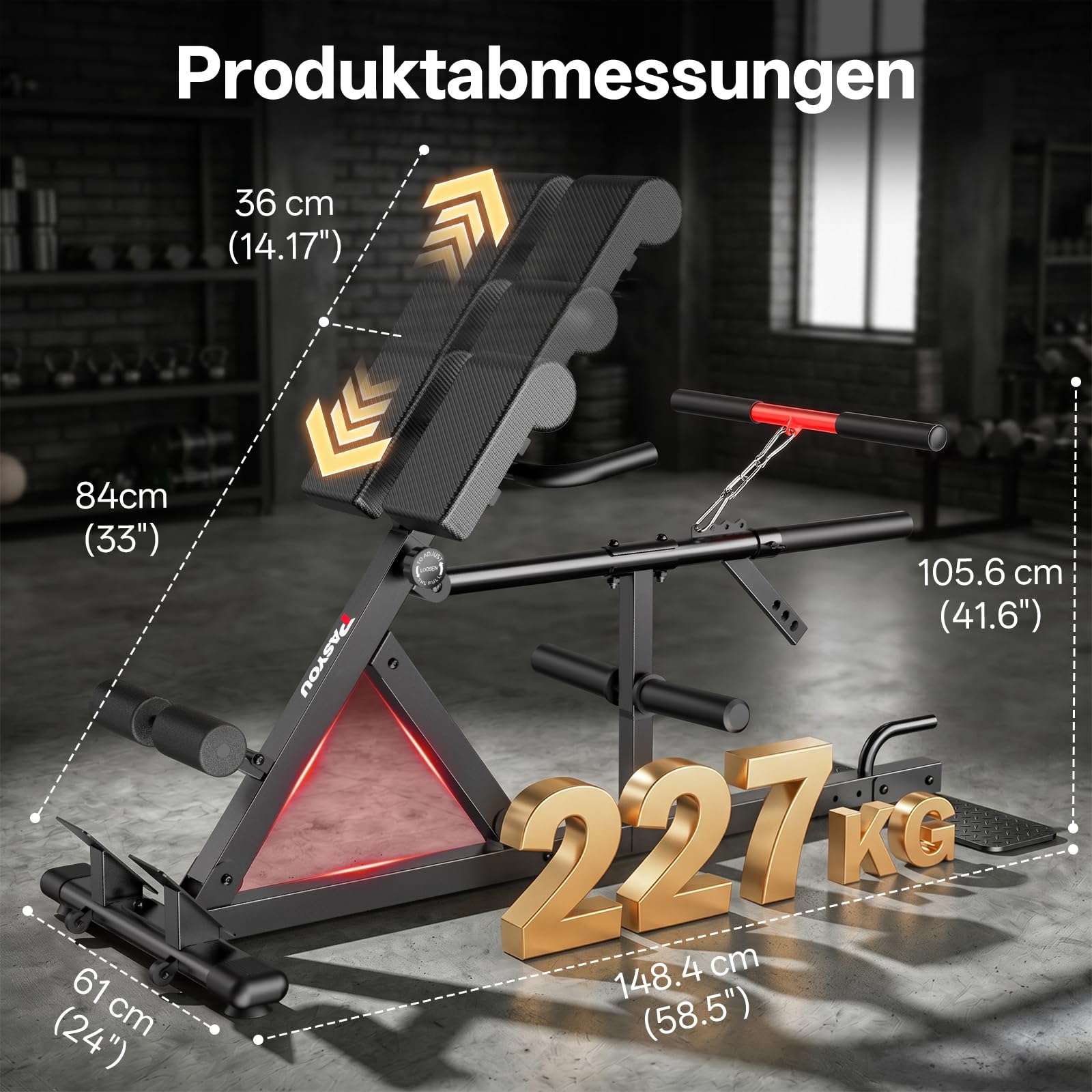 PASYOU Rückentrainer Hyperextension für Zuhause, Rückenstrecker mit Gewichthebergurt,4in1 Bauch- und Rückentrainer, Hyperextension, Bauchtrainer, Kreuzheben,Kniebeugen, bis 227 kg