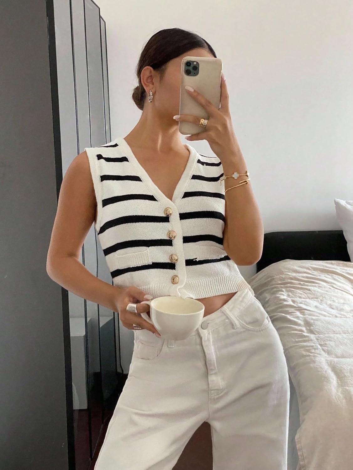 Women Fall Trendy Single-Breasted V-Neck Pocket Sleeveless Casual Sweater Vest Sweater Vest Top