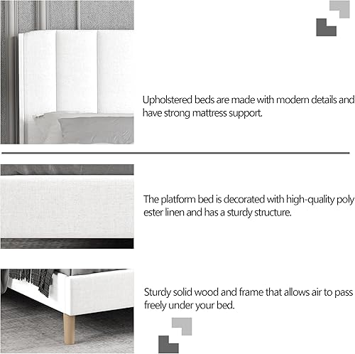 Miniatura 5 de Zoophyter Base de cama tapizada de plataforma tamaño King con cabecero, listones de madera fuertes, no necesita somier, fácil montaje, lino blanco