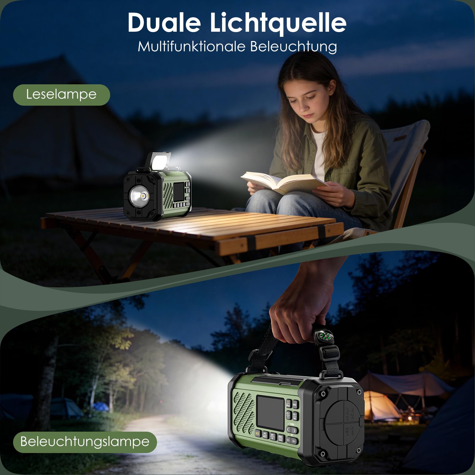 Vikeri Radio Solar 12000 mAh, Radio Solar de Emergencia con Manivela, Am/FM/SW, Luz LED, Alarma SOS, Brújula, Carga USB-C, Diseño Portátil con Cordón, para Camping y Apagones | AM/FM/SW, Alarma SOS & Brújula, Linterna LED, impermeable IPX6, correa & mosqu