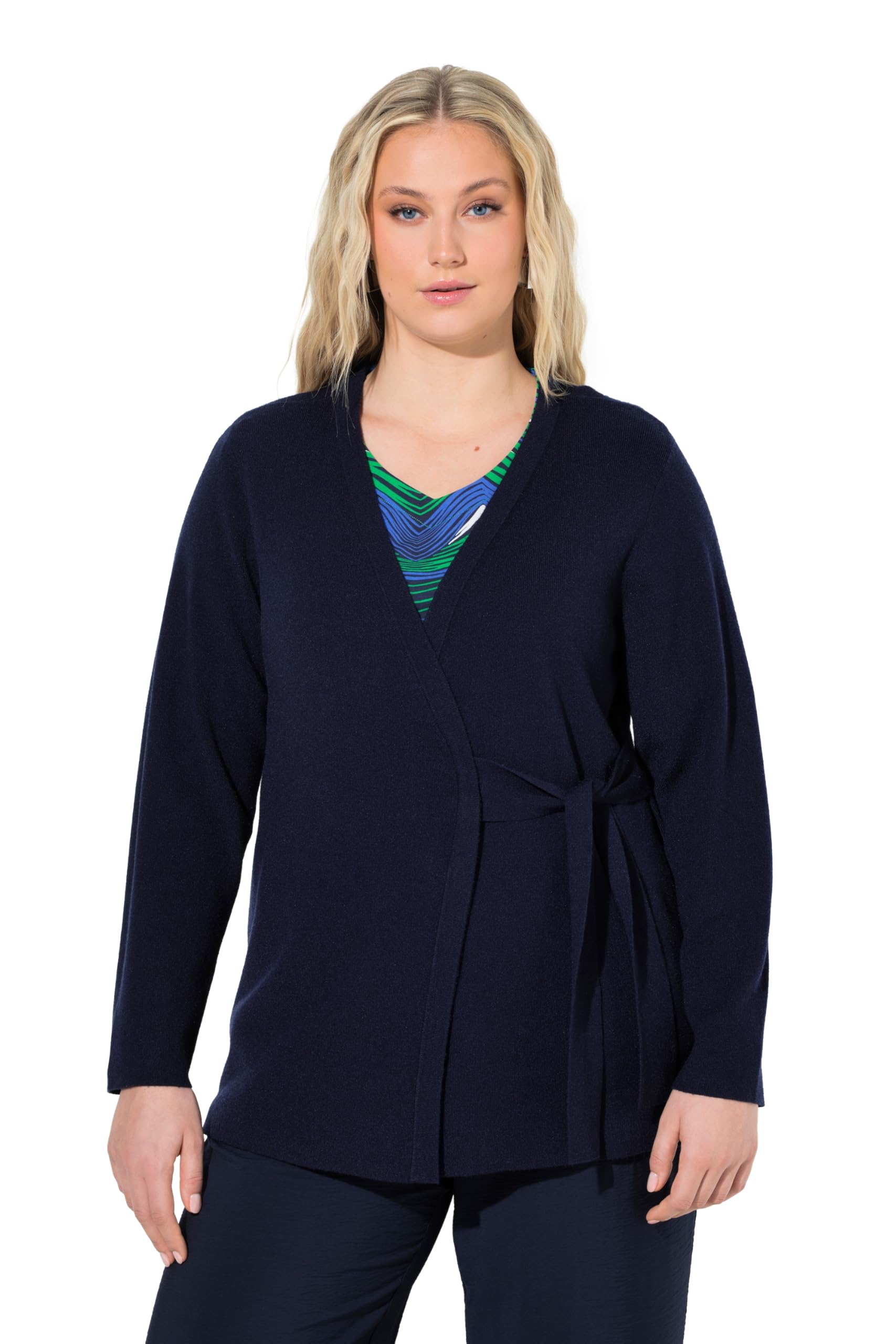 Ulla Popken Damen große Größen Übergrößen Plus Size Strickjacke, Bindeband-Verschluss, V-Ausschnitt, Langarm 848111