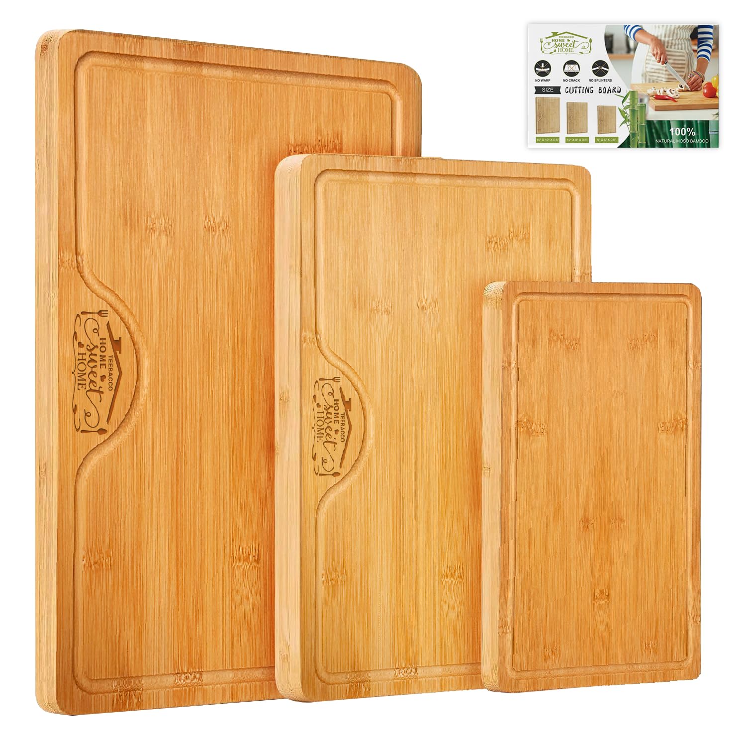 Juego de 3 tablas de cortar de bambú para cocina, juego de 3 tablas de cortar de bambú con ranuras para jugo, mini antideslizantes, perfectas para tablas de embutidos y más