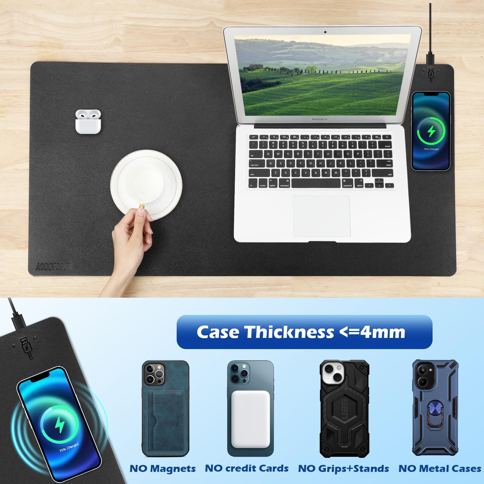 Tappetino da scrivania con ricarica wireless, tappetino per mouse grande, impermeabile, in pelle, antiscivolo, per tastiera e mouse (colore: nero, 81 x 40 cm)